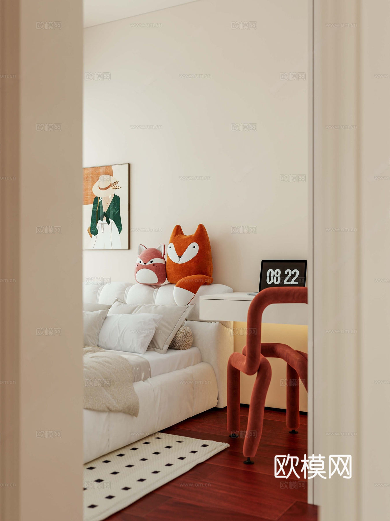 现代奶油家居卧室 双人床 飘窗 衣柜 梳妆桌 梳妆椅3d模型