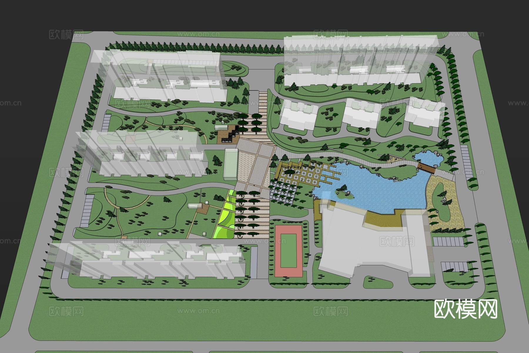 现代小区园林景观su模型下载