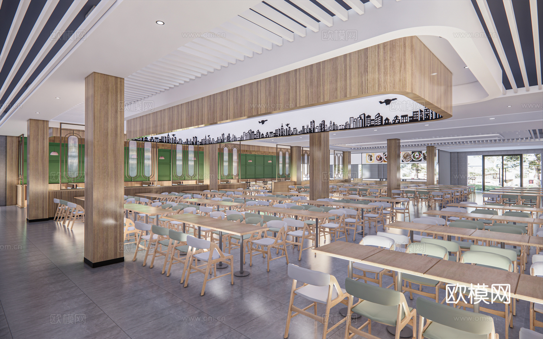 现代食堂员工餐厅su模型下载