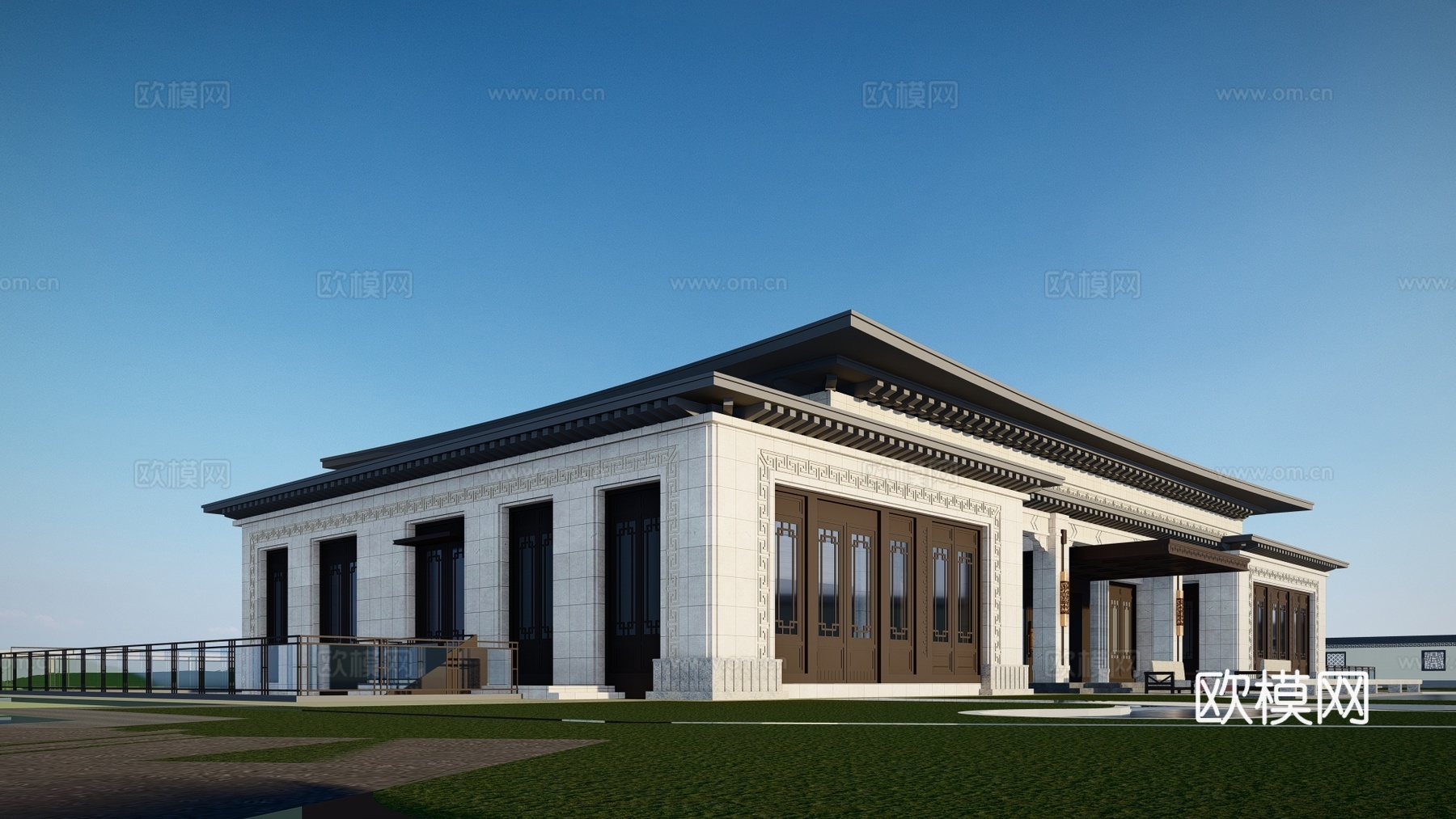 新中式售楼处建筑外观su模型下载