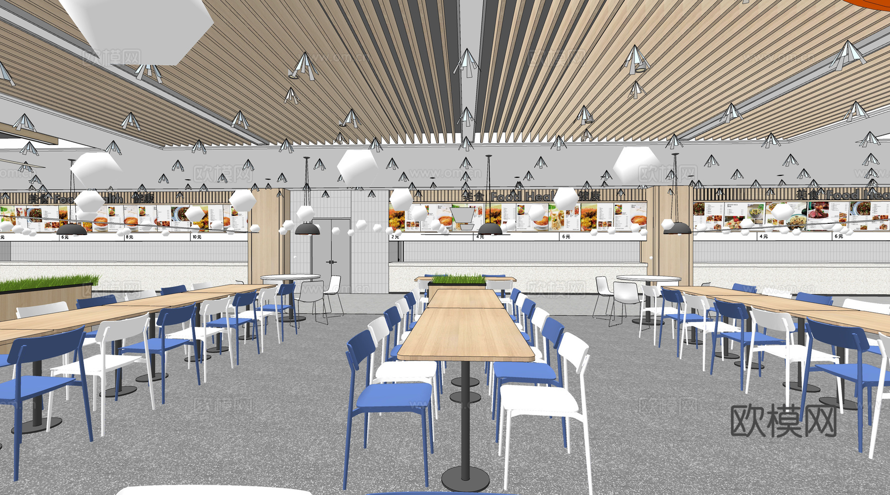 现代食堂员工餐厅su模型下载