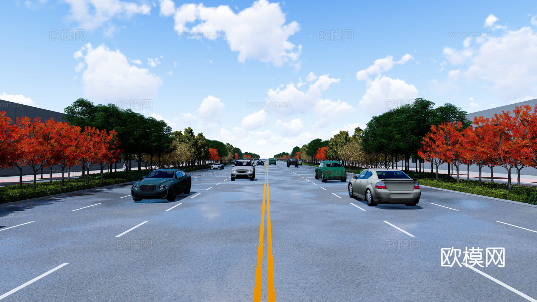 现代道路街道景观su模型下载