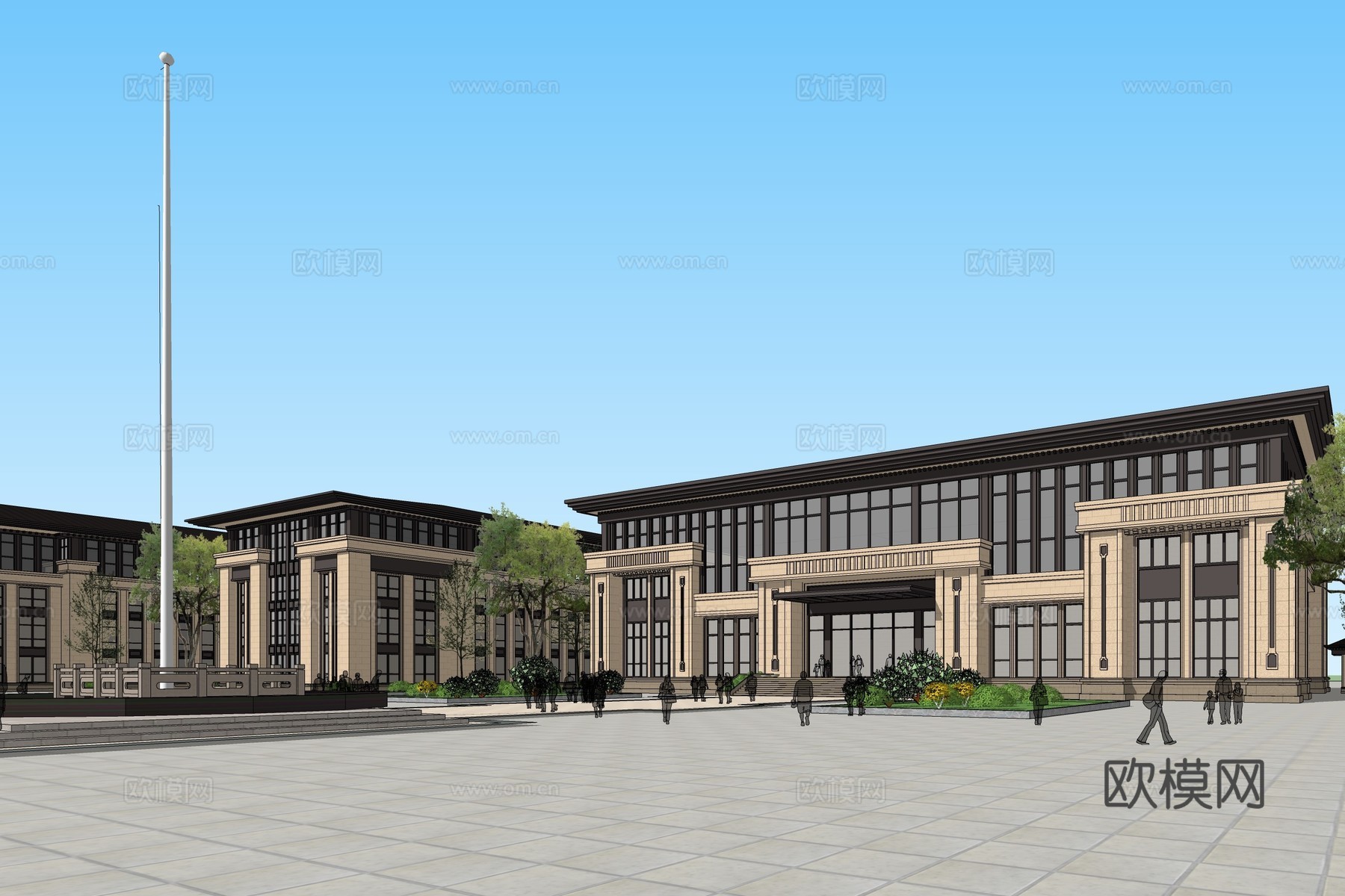 新古典会议中心建筑外观su模型下载