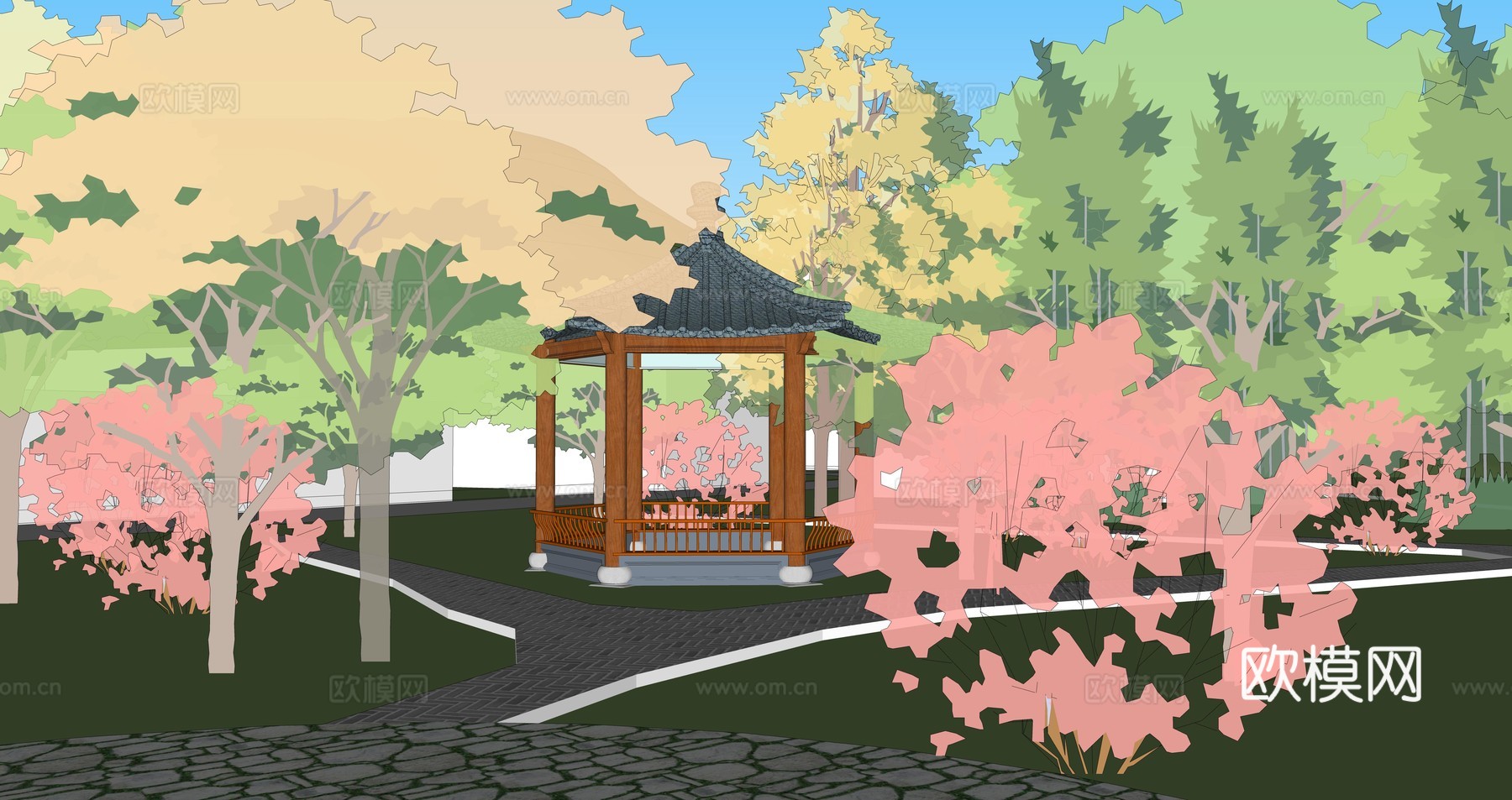 新中式乡村园林景观su模型下载