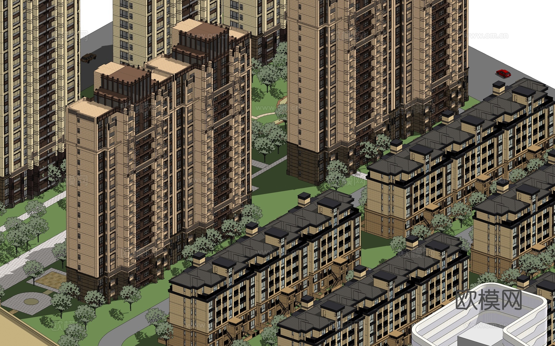 现代高层住宅小区外观su模型下载