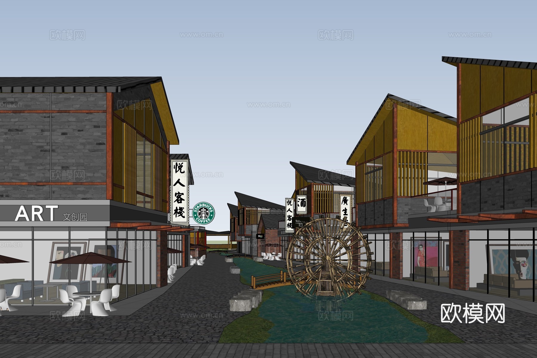 新中式商业街建筑外观su模型下载