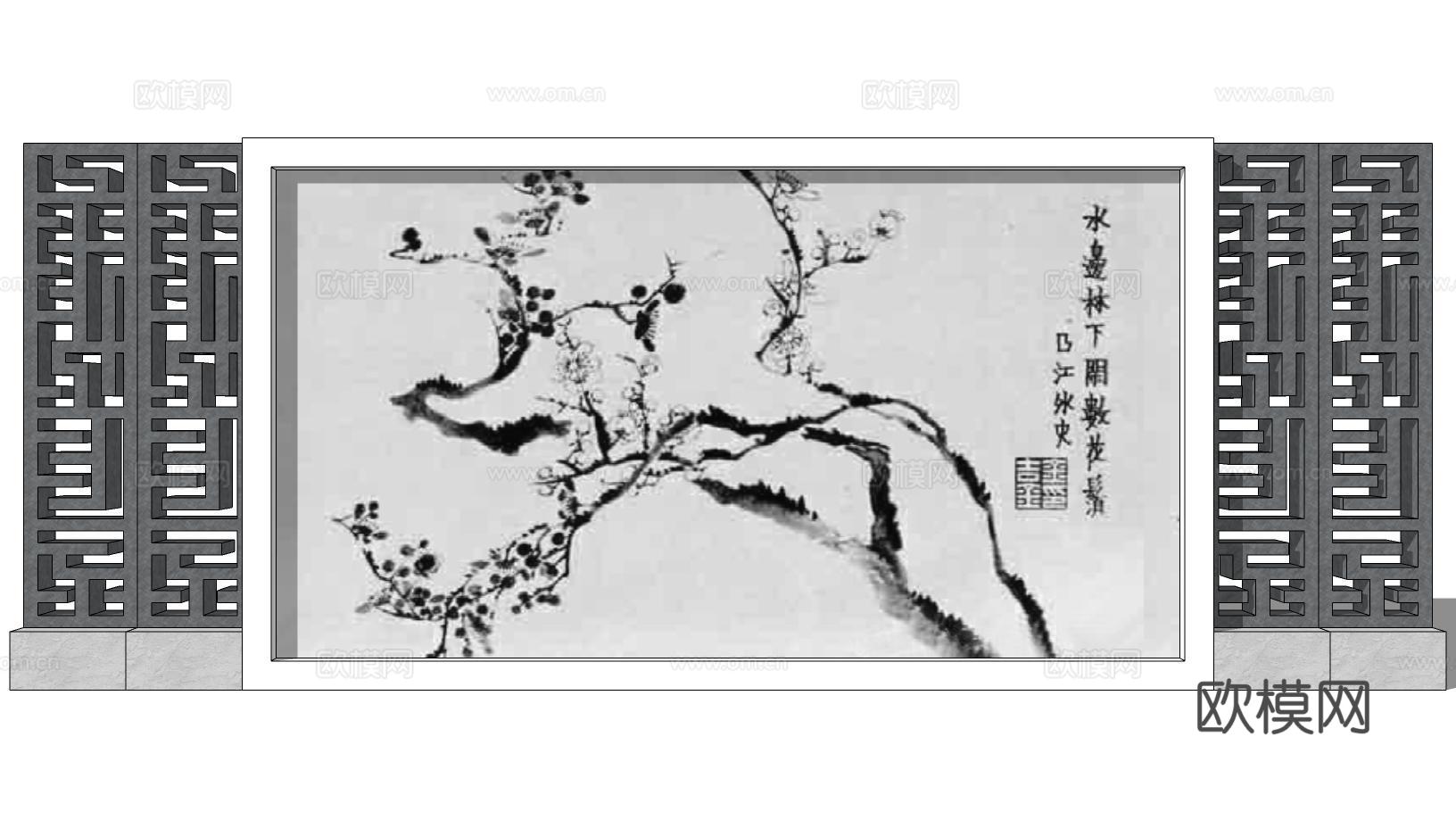 新中式民俗文化景观墙su模型下载
