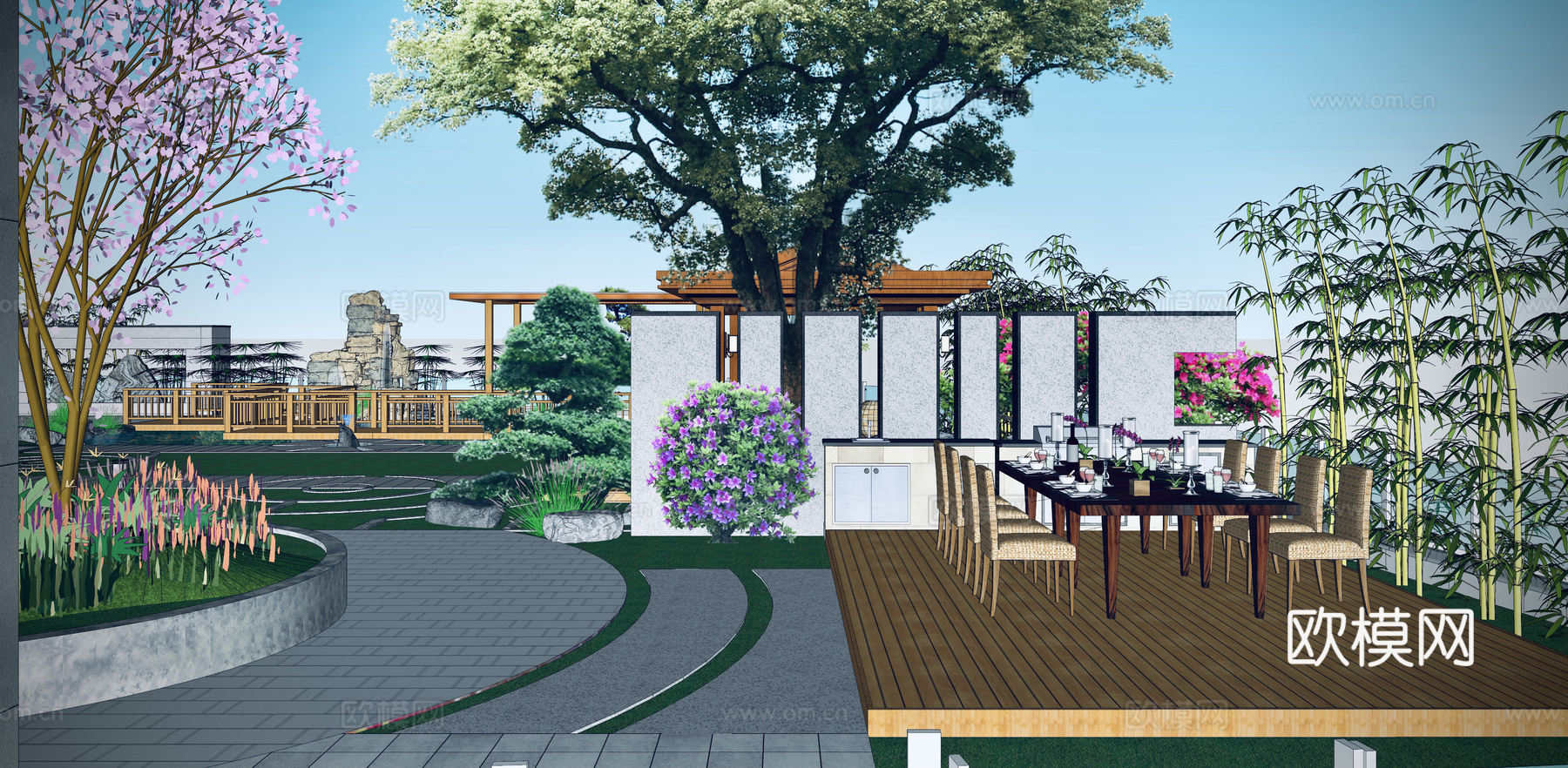 新中式庭院花园su模型下载