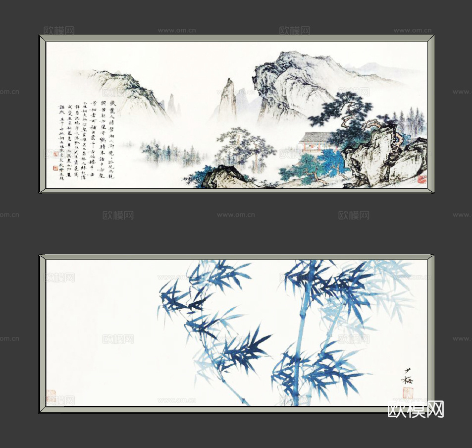 新中式水墨装饰画su模型下载