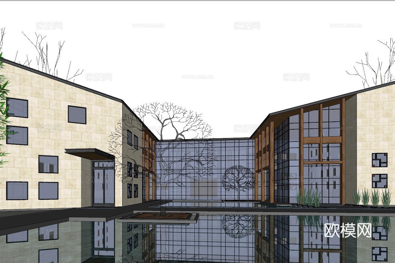 新中式会所建筑外观su模型下载