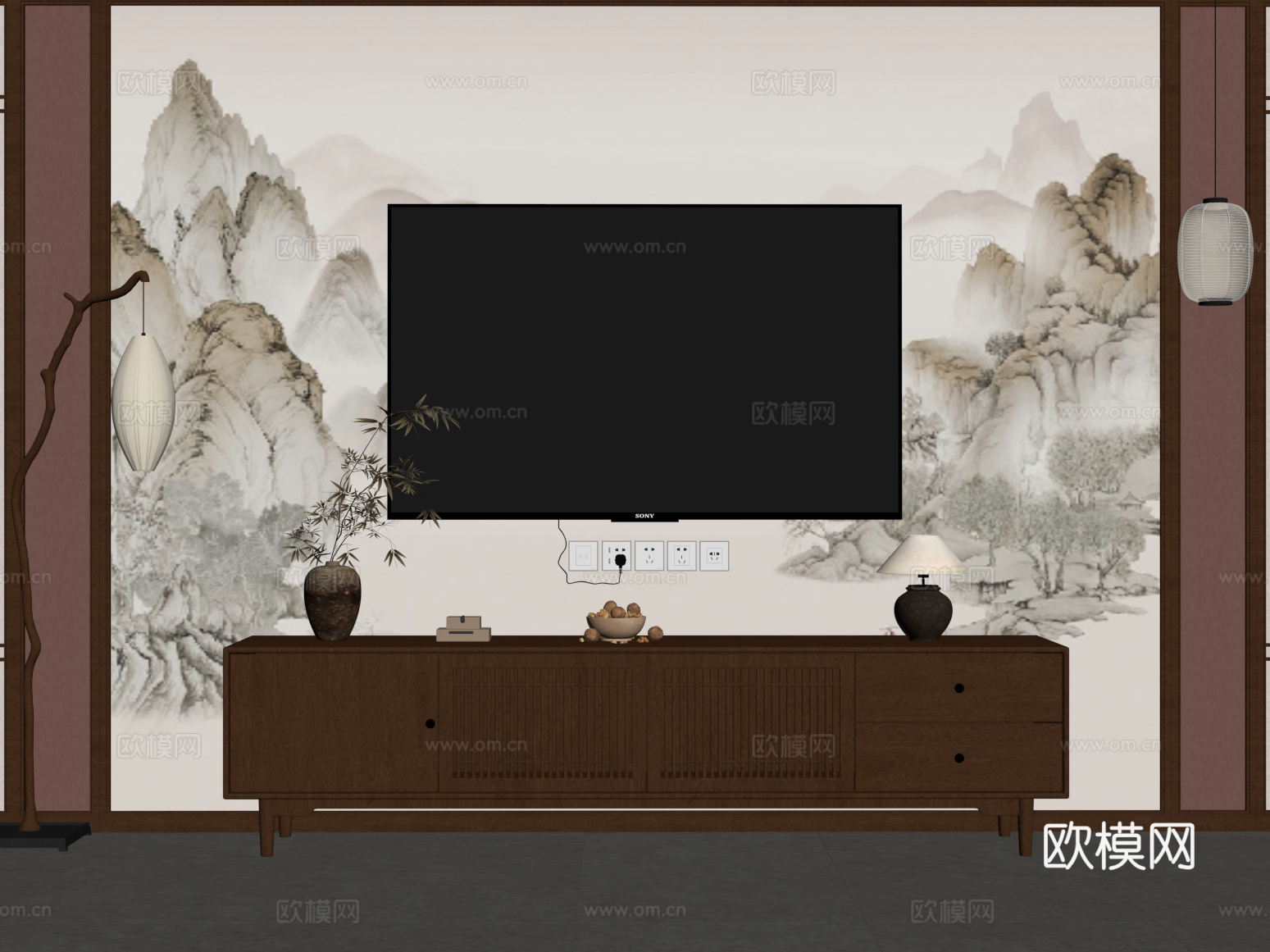 05新中式电视柜 落地灯 吊灯su模型