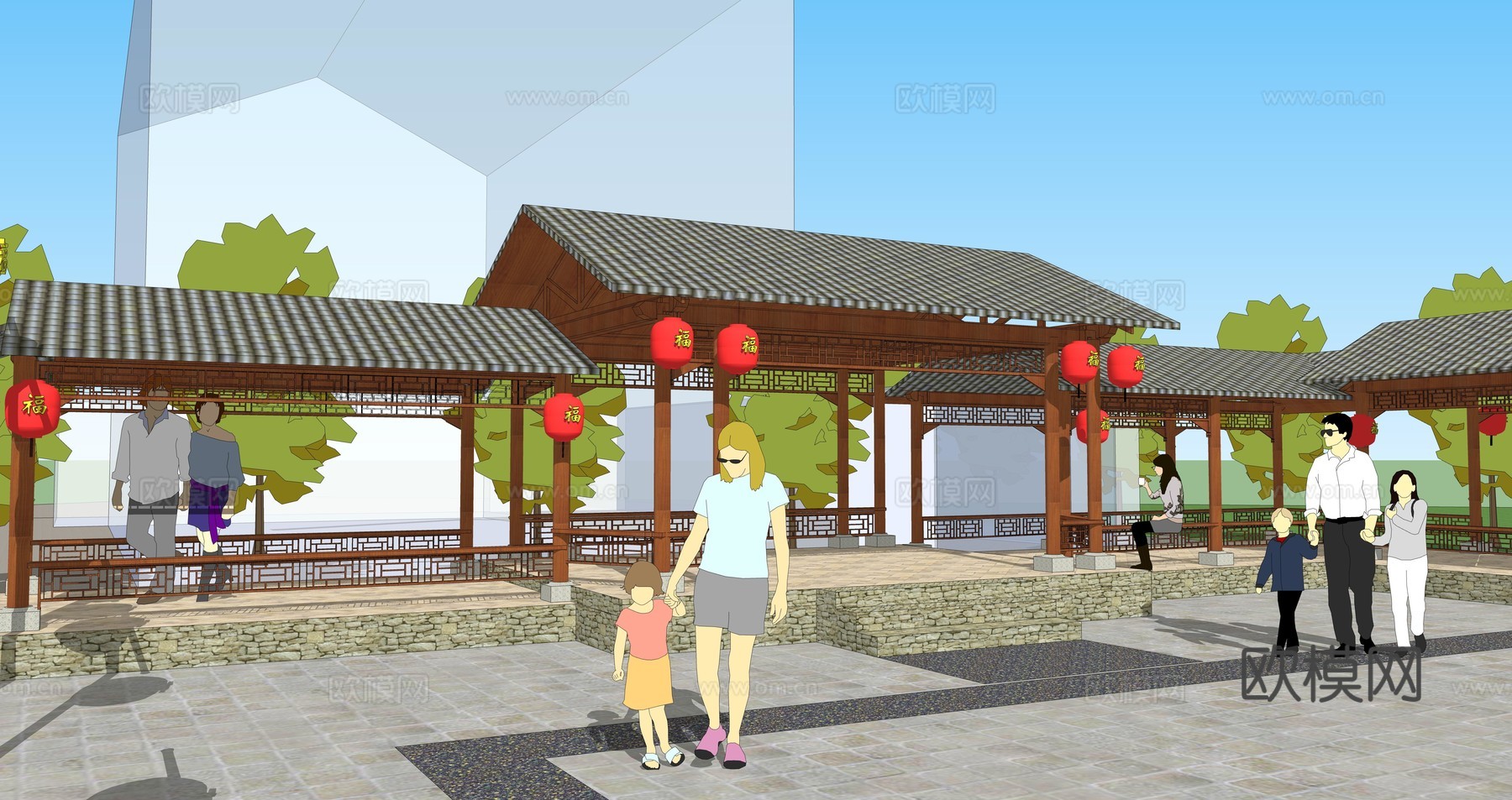 新中式廊架休闲广场su模型下载