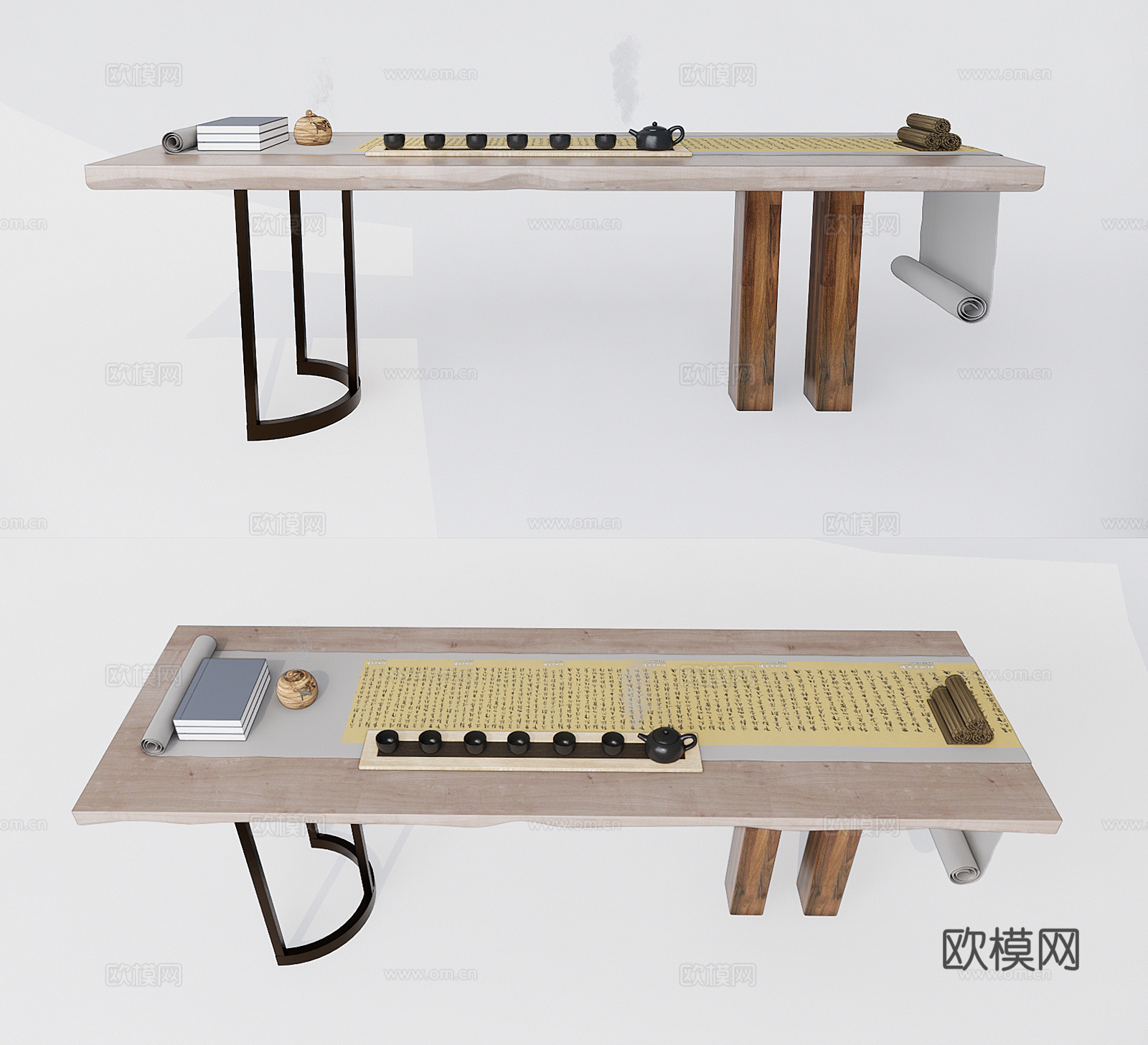 新中式条形茶桌椅su模型下载