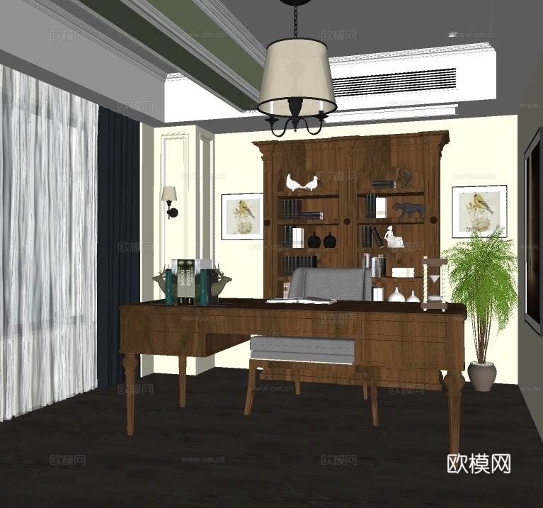 美式书房su模型下载