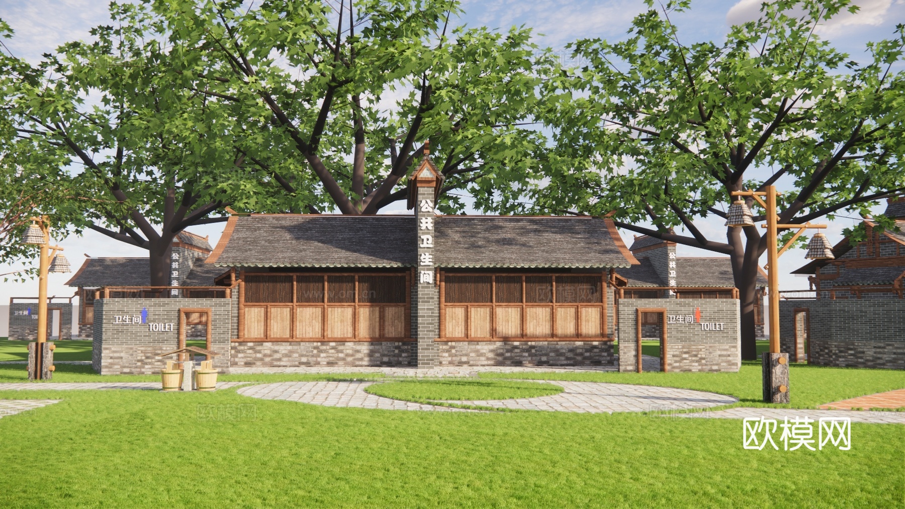 新中式公厕建筑外观su模型下载
