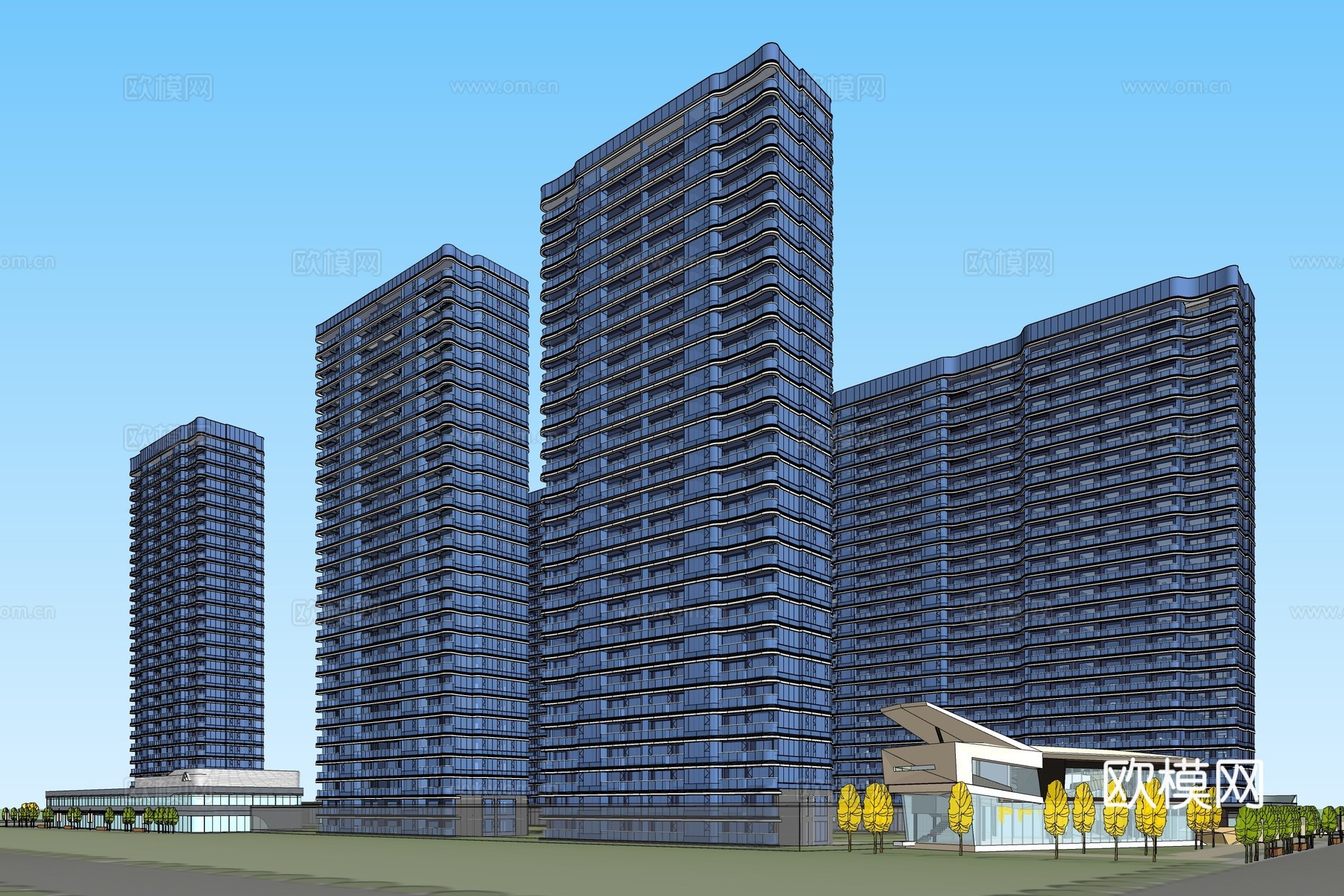 现代高层小区建筑外观su模型下载