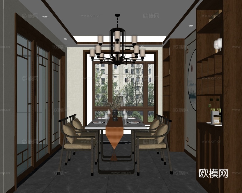 新中式餐厅su模型下载