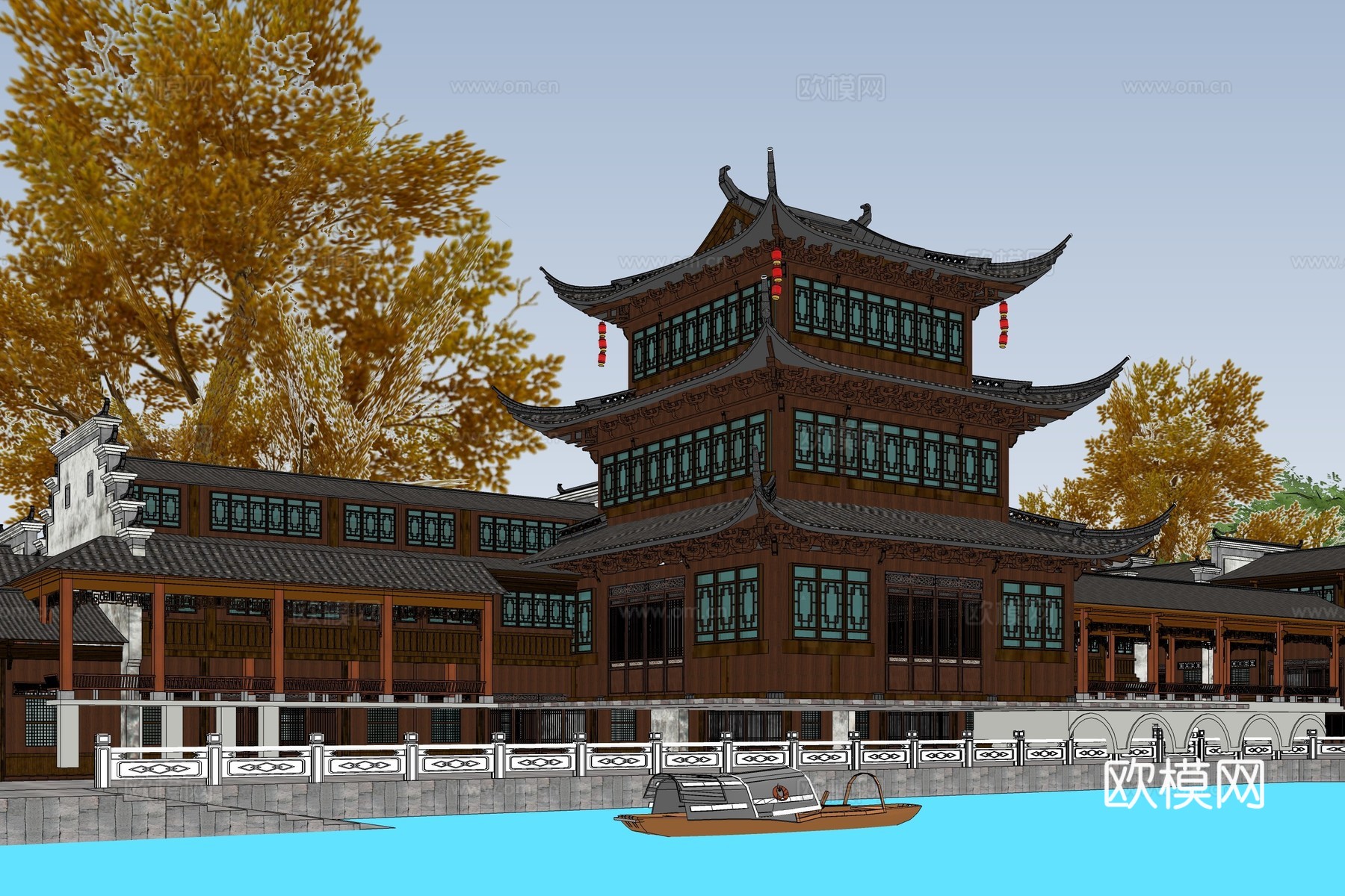 中式古建商业街su模型下载