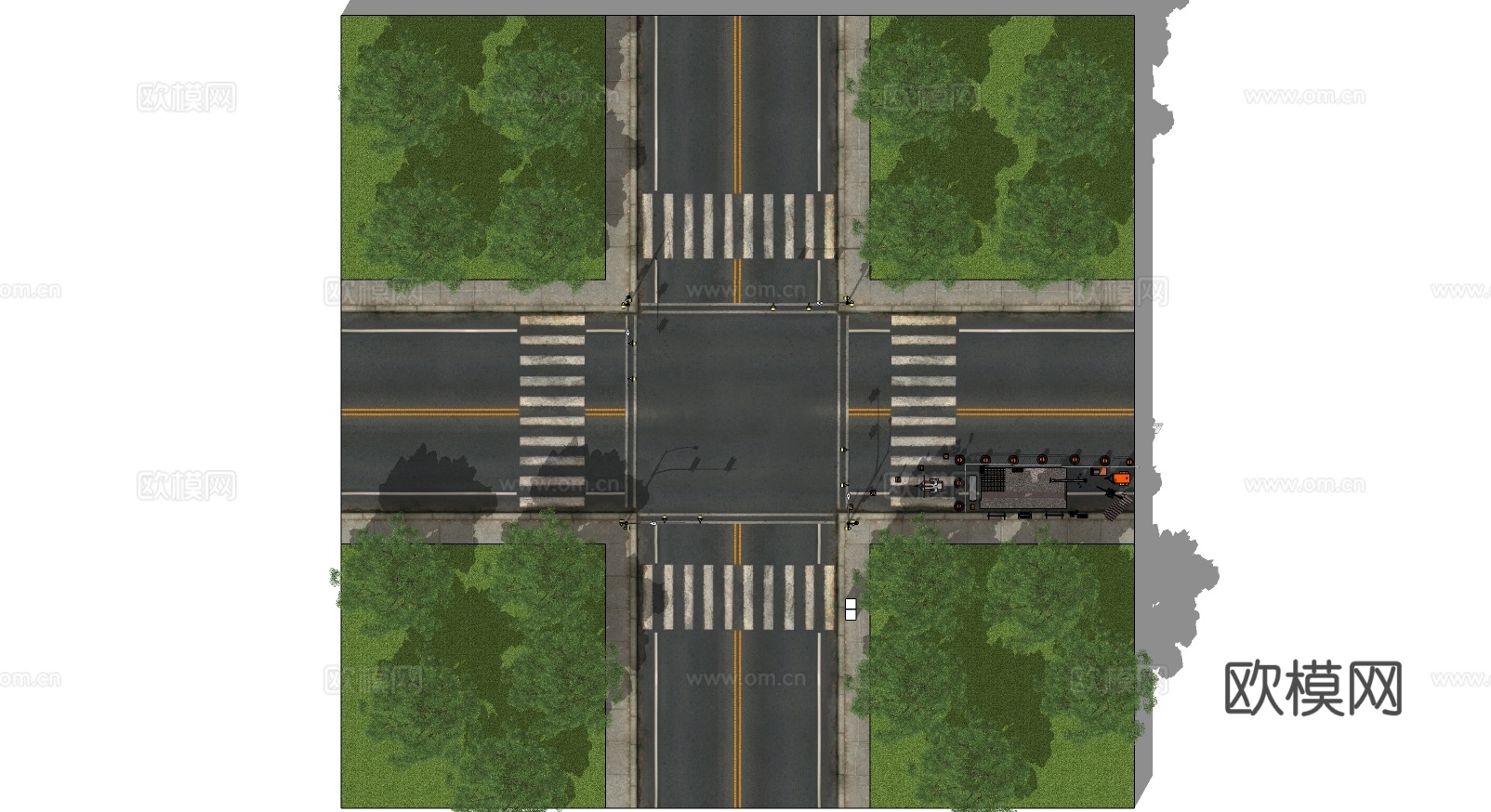 现代城市十字路街道su模型下载