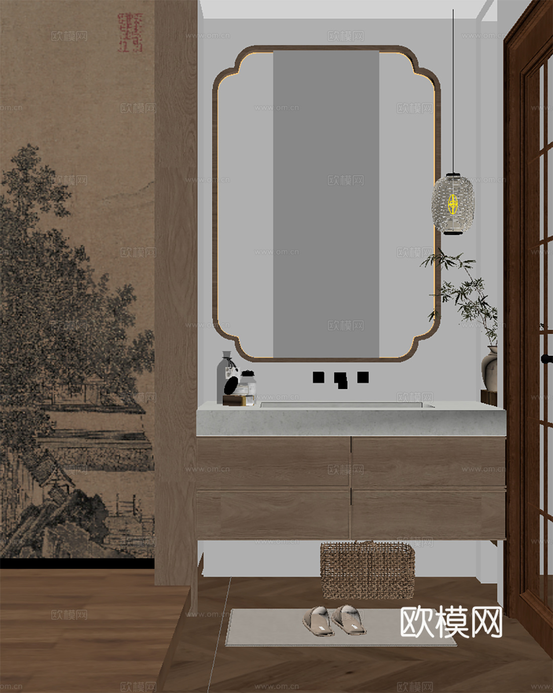 20新中式卫生间干区 浴室柜su模型