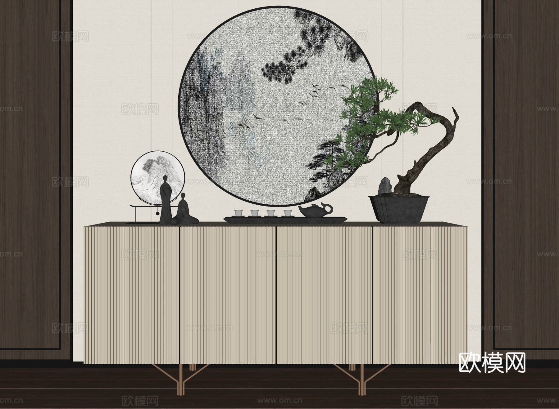 新中式实木边柜su模型下载