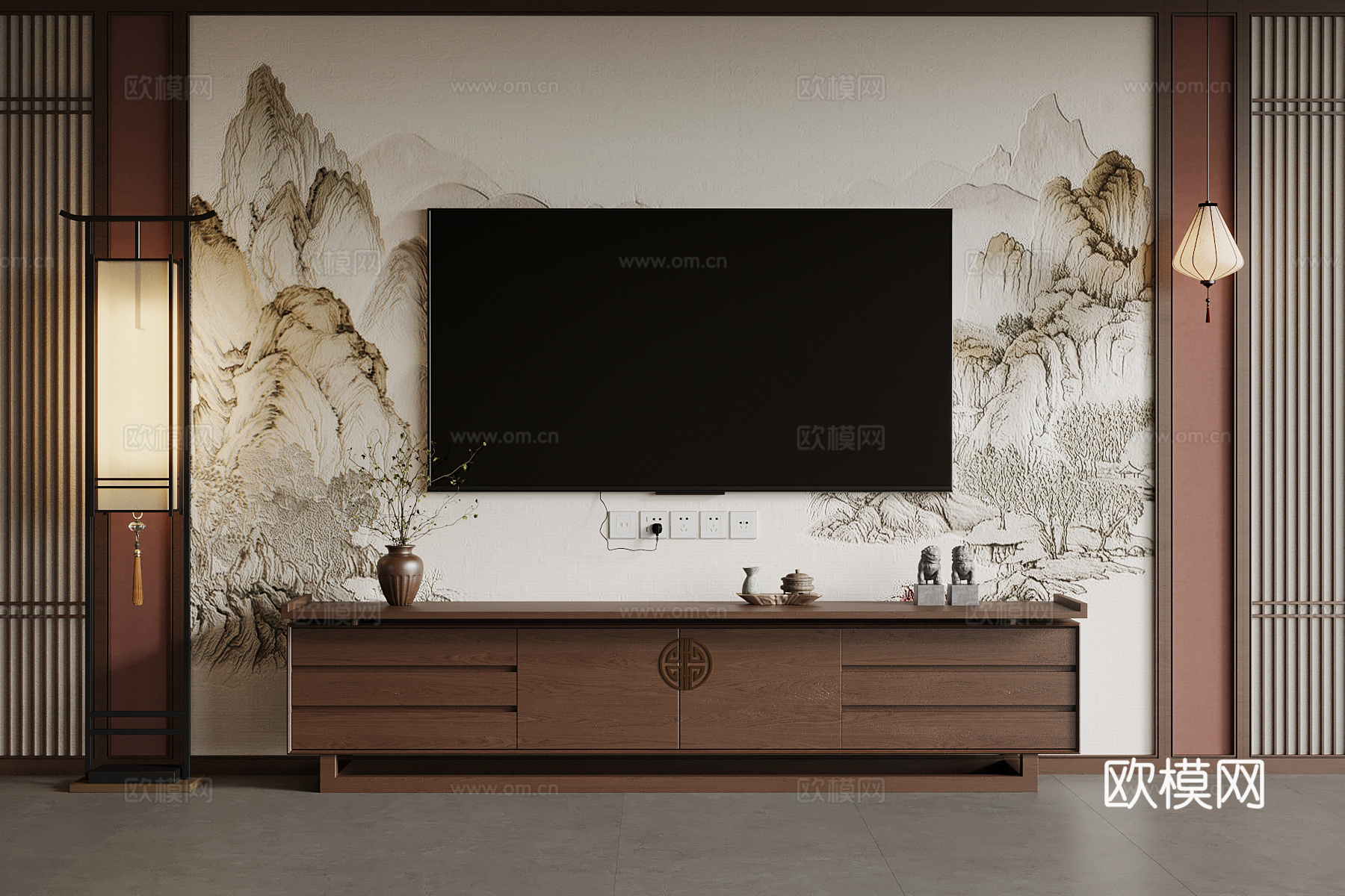 06新中式电视柜 落地灯 吊灯3d模型