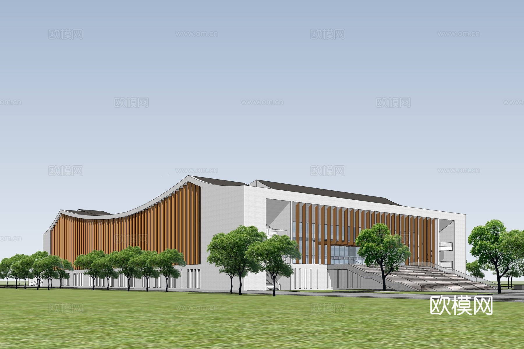 新中式文化馆建筑外观su模型下载