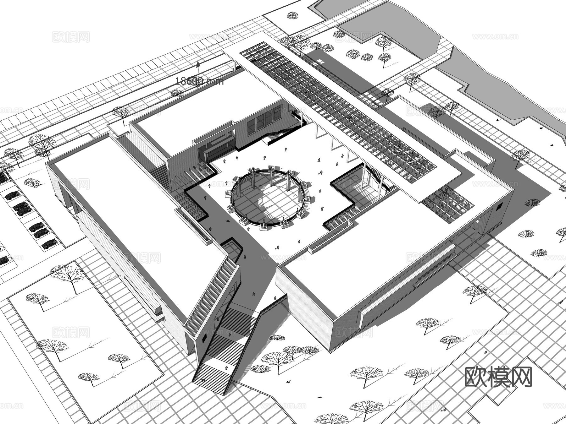 现代图书馆建筑外观su模型下载