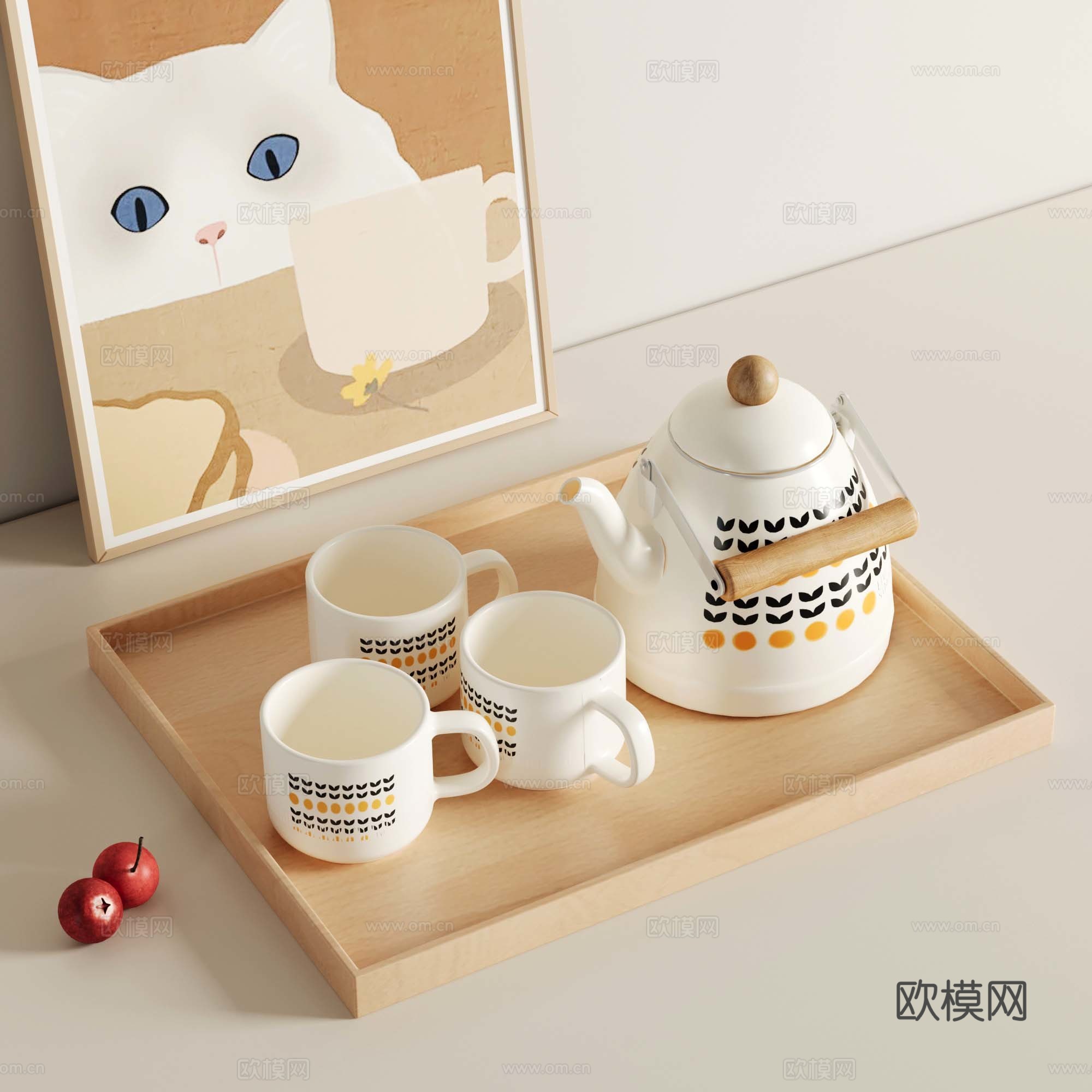 01法式奶油风茶具 茶壶茶杯 装饰画3d模型
