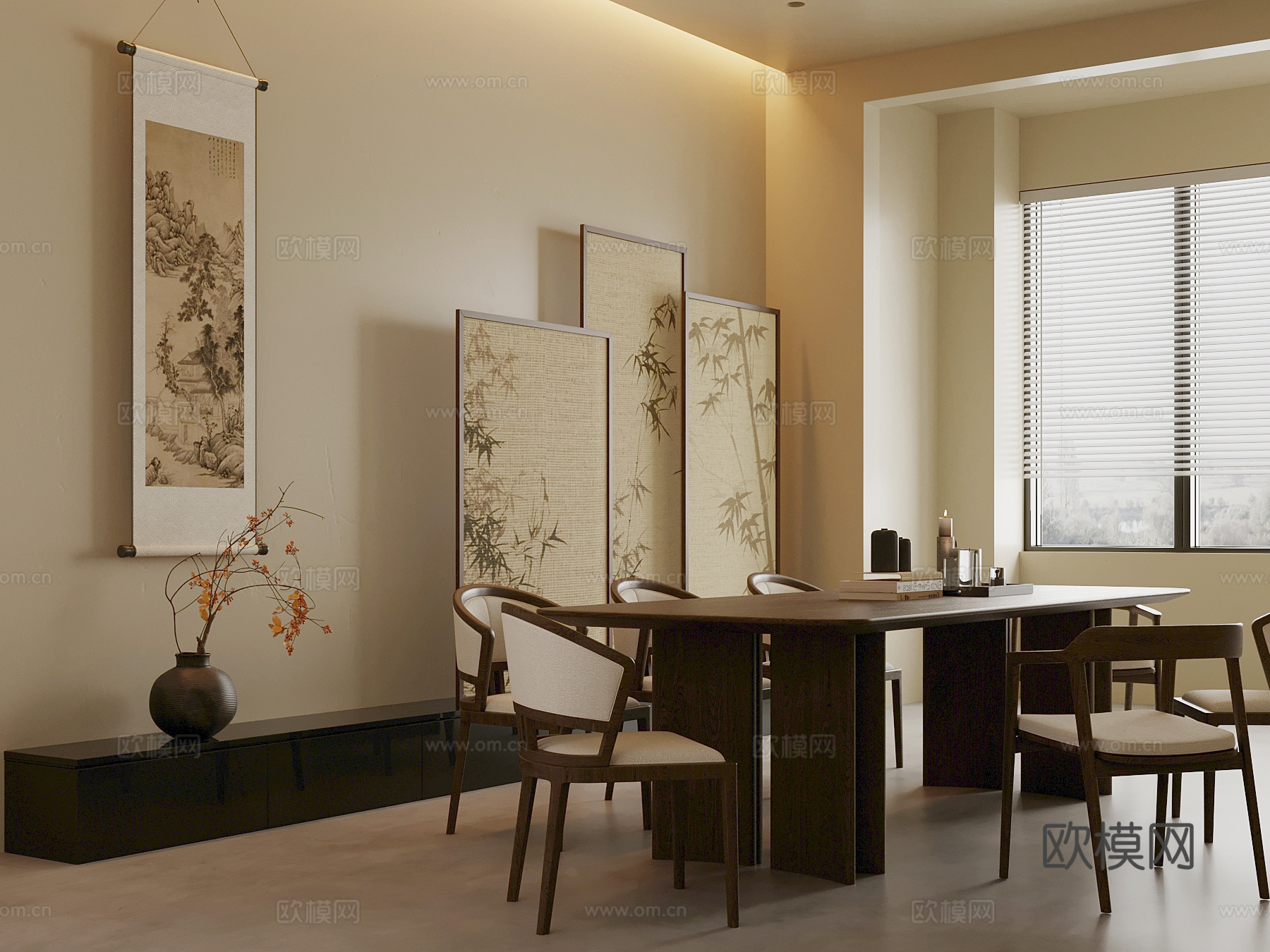 25新中式餐桌椅 挂画 屏风3d模型