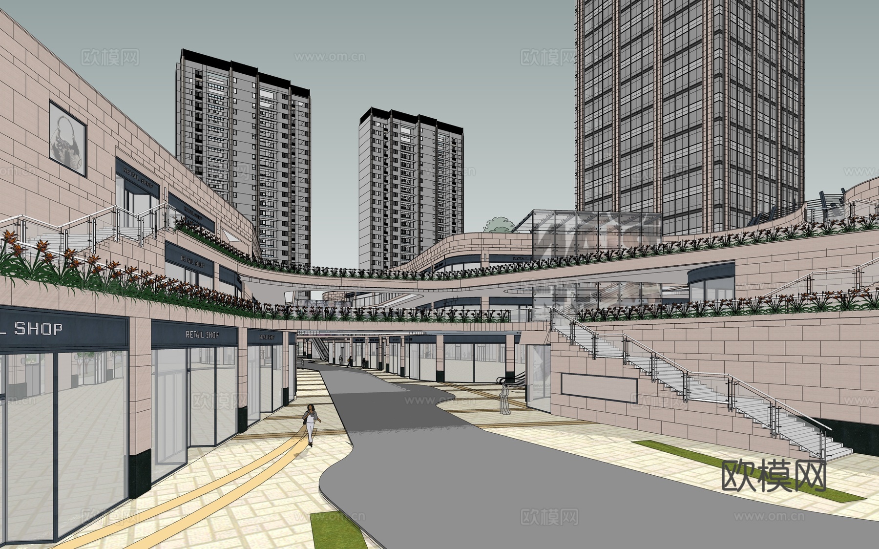 现代商业综合楼外观su模型下载下载（渲染图4）
