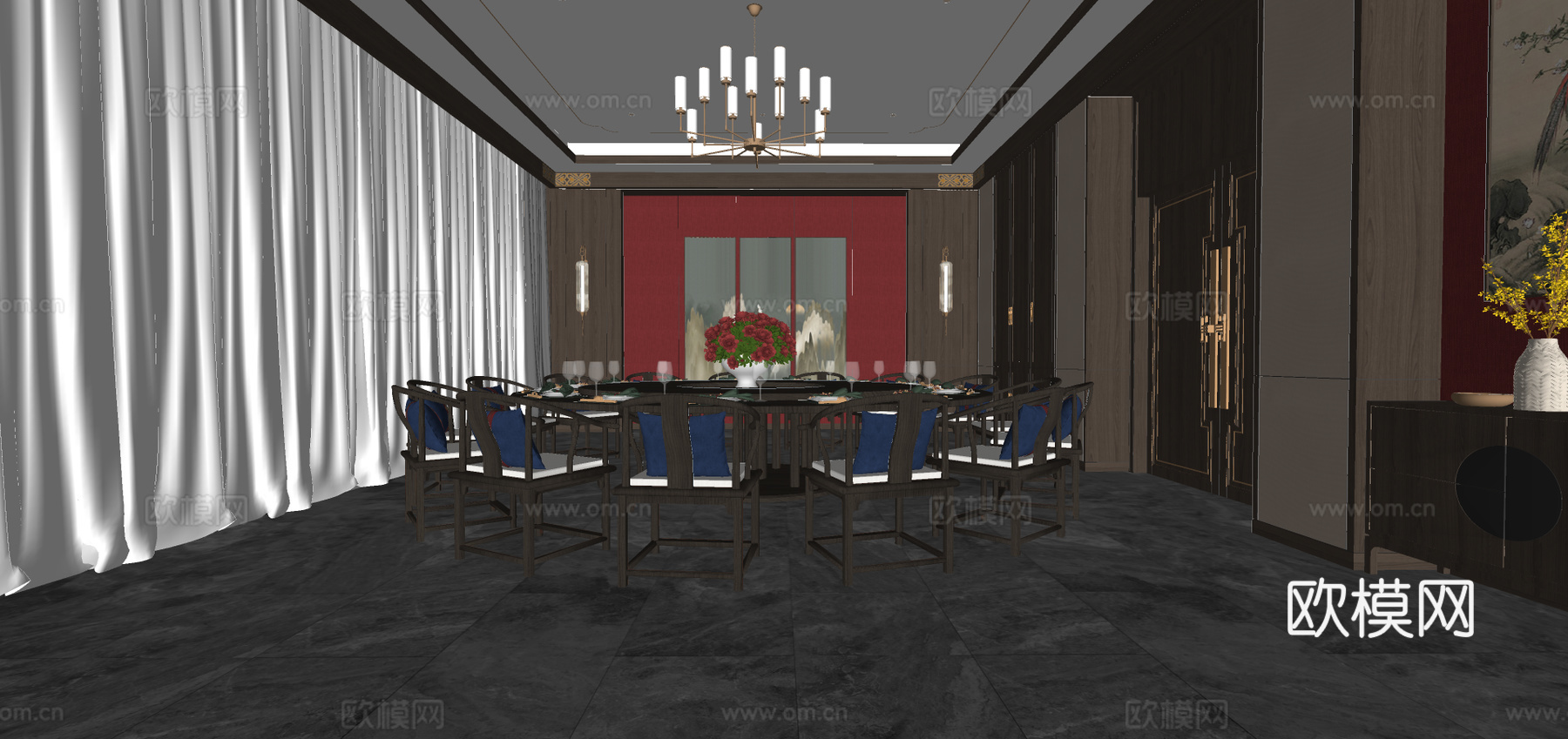 新中式餐厅包厢su模型下载