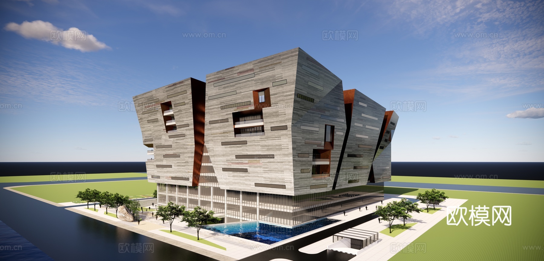 现代展览馆建筑外观su模型下载