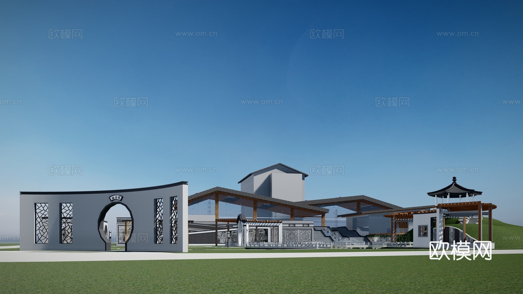 新中式售楼处园林su模型下载下载（渲染图3）