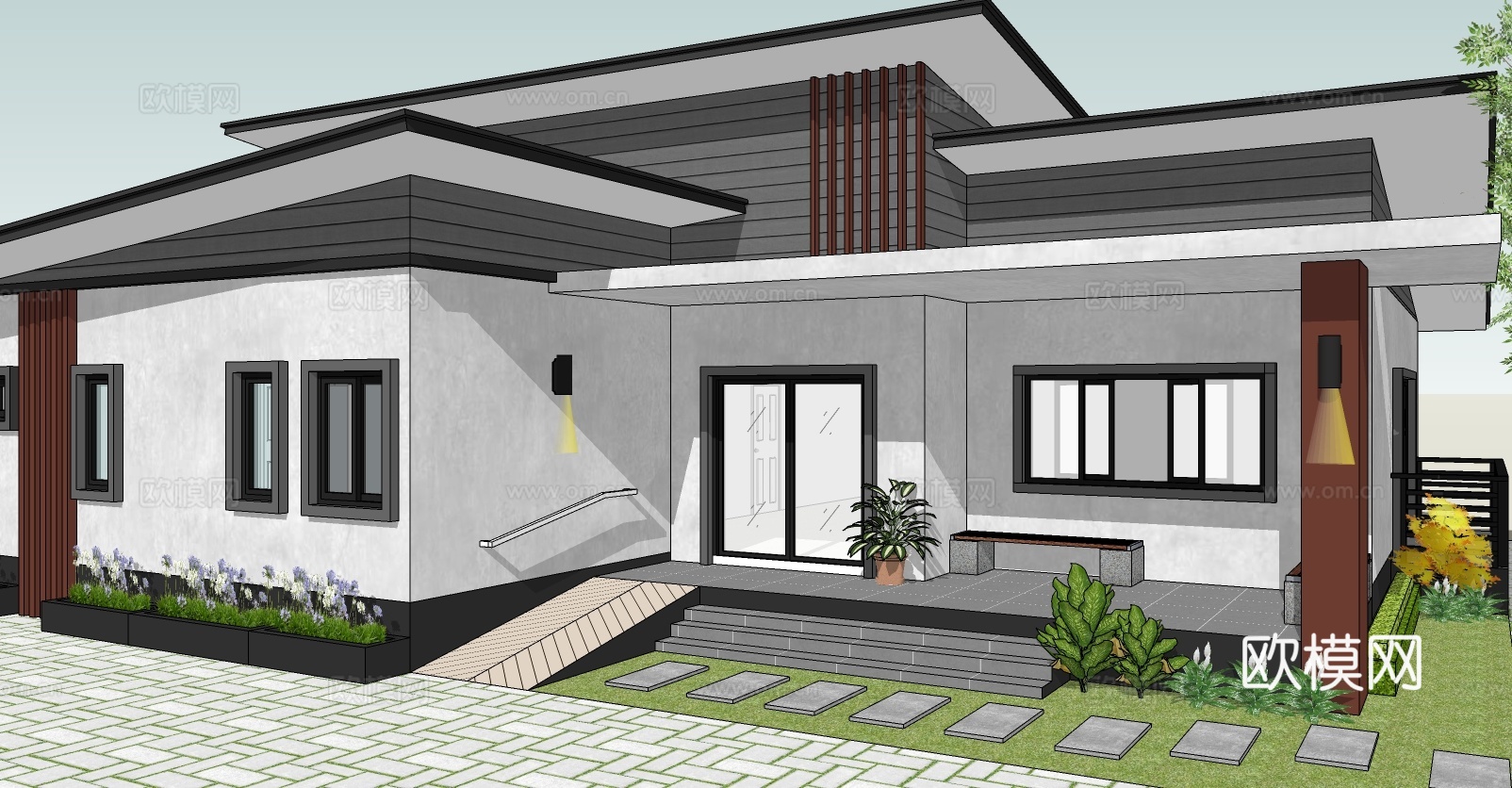 现代平层住宅外观su模型下载