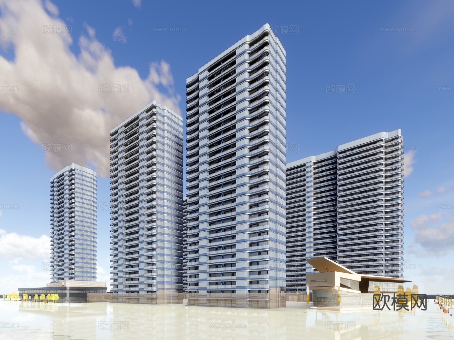 现代高层小区建筑外观su模型下载