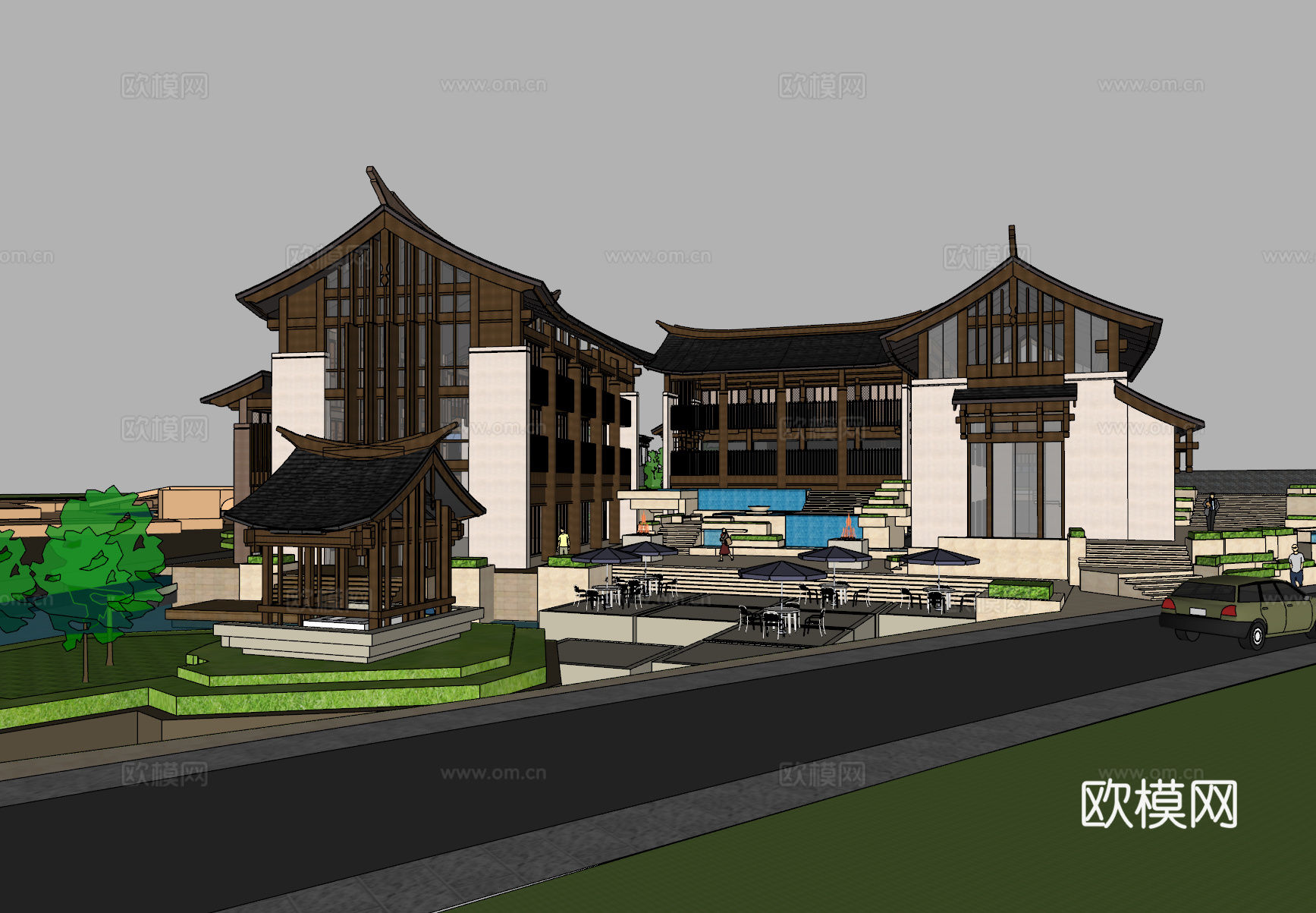 新中式酒店建筑外观su模型下载