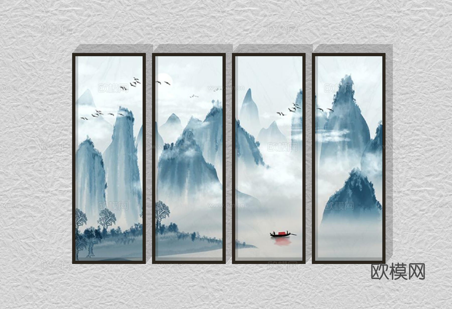 新中式山水画挂画su模型下载