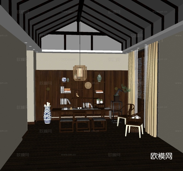 新中式书房su模型下载
