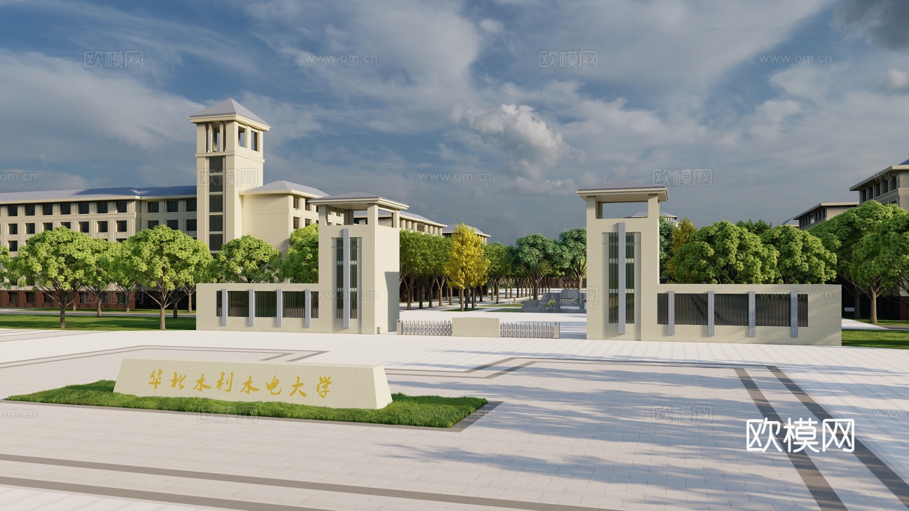新中式学校校园建筑外观su模型下载