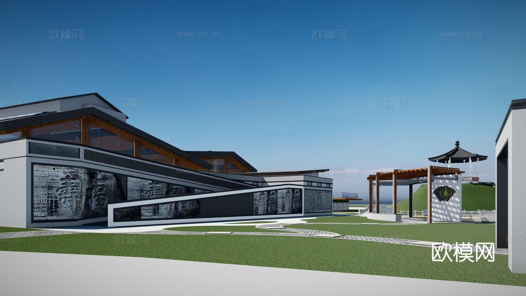 新中式售楼处园林su模型下载下载（渲染图2）