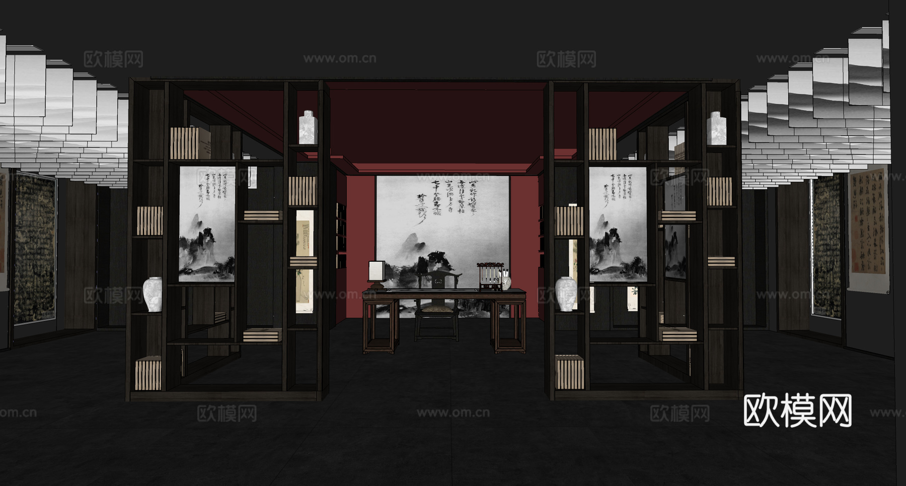 新中式书画展厅su模型下载