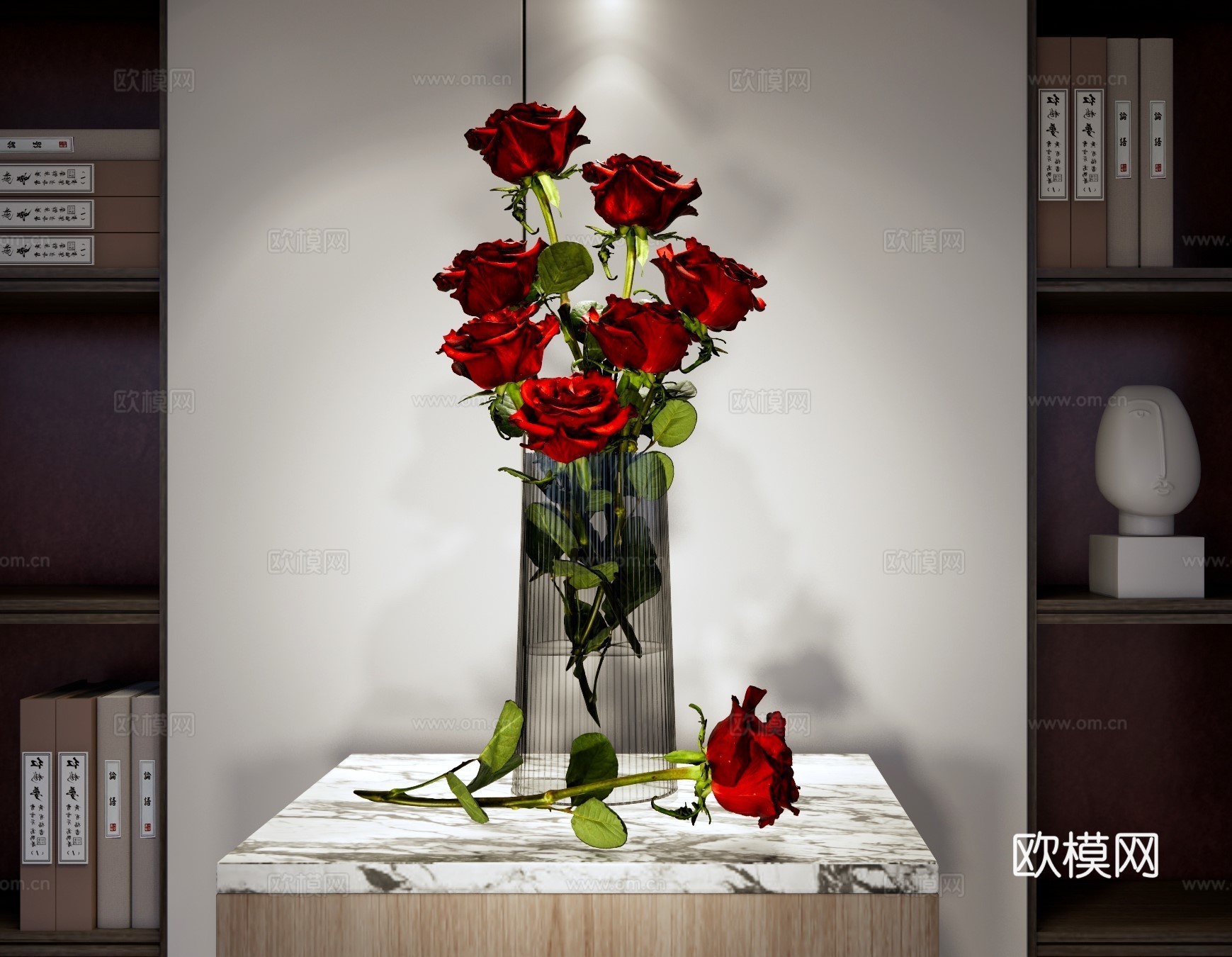 现代花艺 玻璃花瓶 红玫瑰插花 花瓶花艺插花 红玫瑰装饰摆件su模型