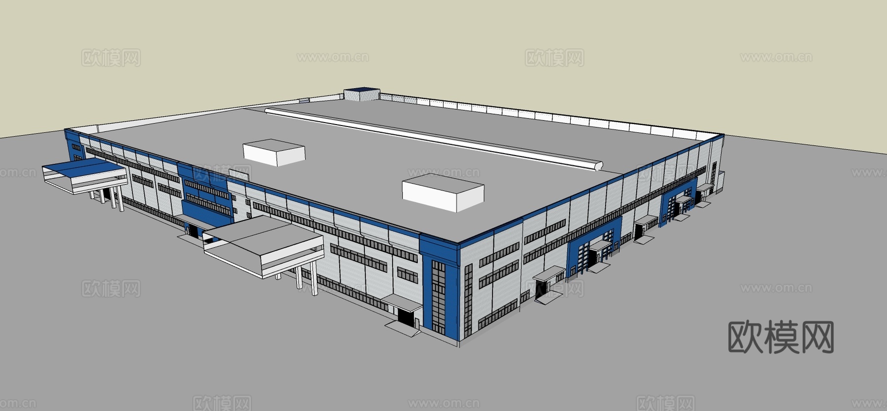现代工厂车间建筑外观su模型下载
