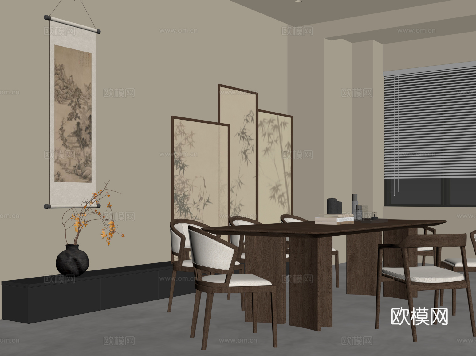25新中式餐桌椅 挂画 屏风su模型