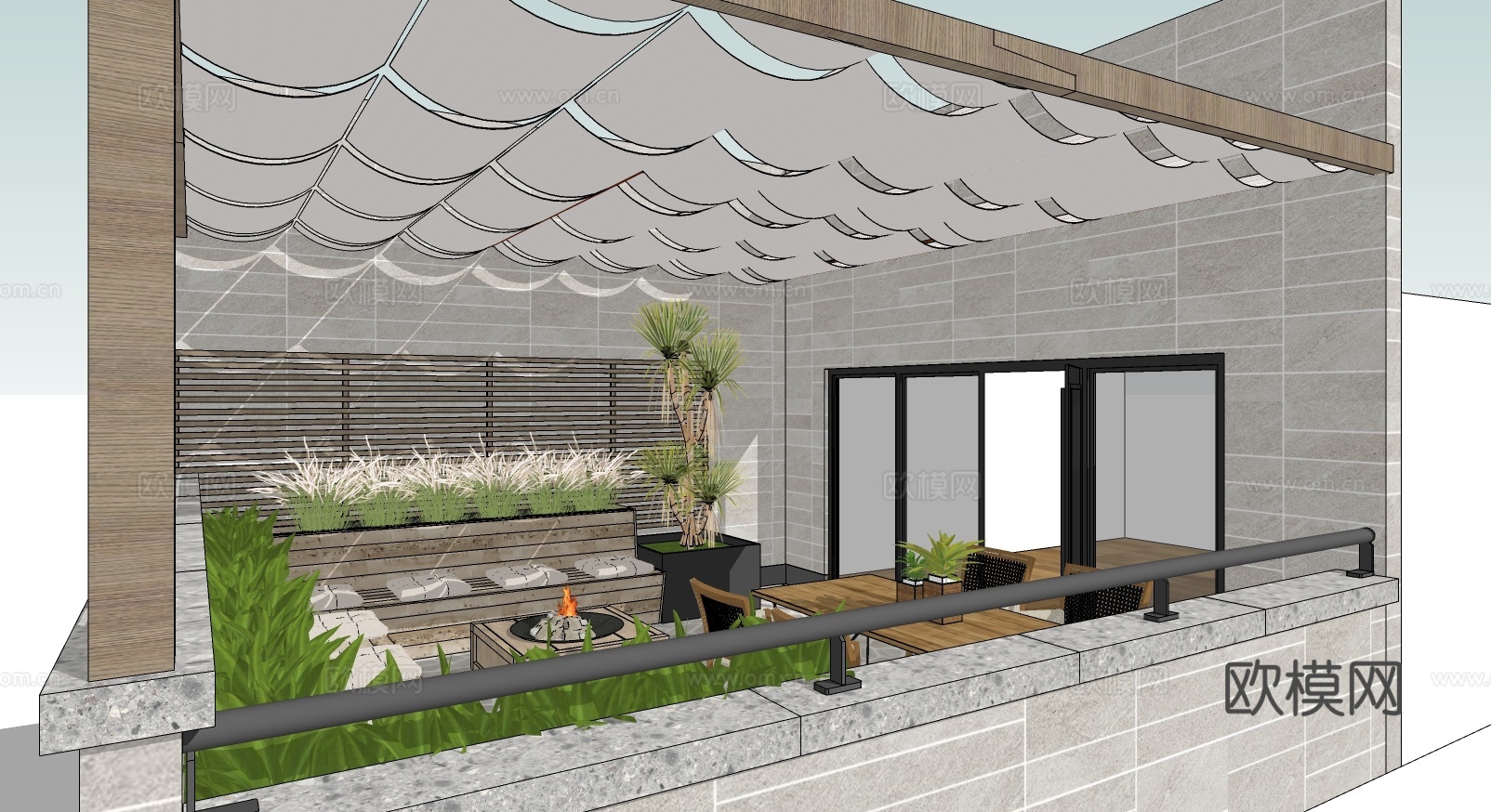 现代屋顶露台花园su模型下载