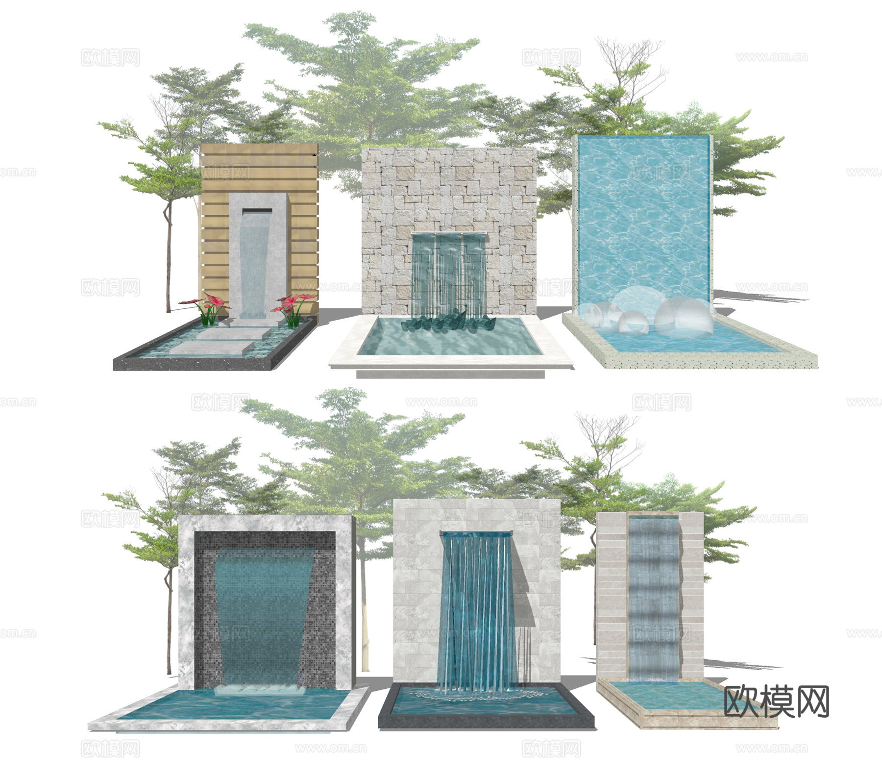 现代庭院水景墙小品su模型下载