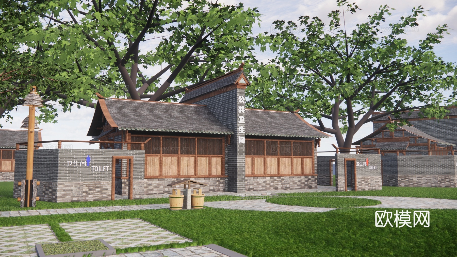 新中式公厕建筑外观su模型下载