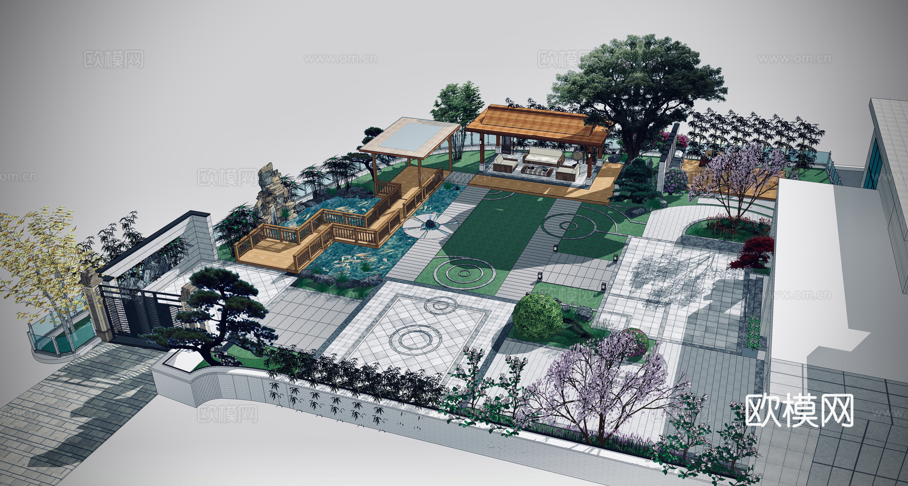 新中式庭院花园su模型下载