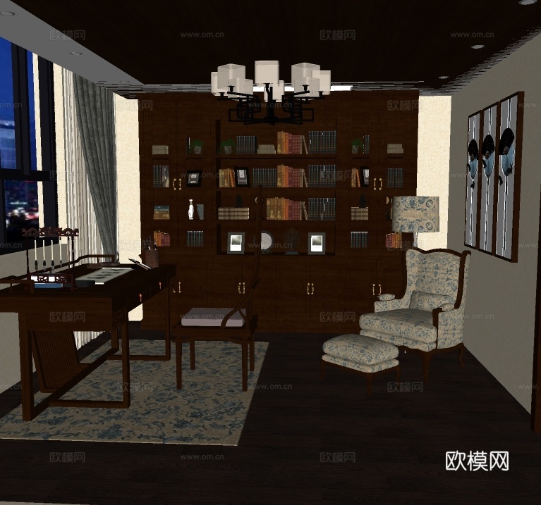新中式书房su模型下载